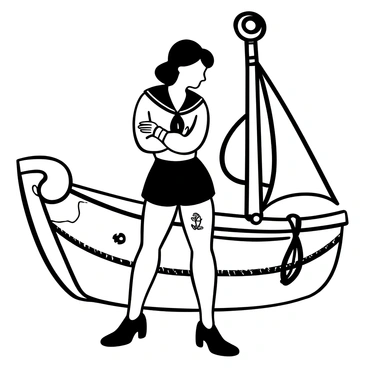 A pin-up girl is posed confidently on a ship deck, with her arms crossed and a playful stance. She has an anchor tattoo on her arm and a ship tattoo visible on her thigh. She is wearing a sailor-style outfit, complete with a fitted blouse and high-waisted shorts. In the background, there are ropes and sails, adding to the nautical theme. The overall composition captures a vintage maritime vibe.
