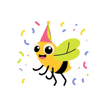 A cheerful fly with large, sparkling eyes and vibrant green wings is wearing a colorful party hat. The fly is surrounded by an explosion of multi-colored confetti raining down from above. The scene captures the joyful atmosphere with bright colors and playful shapes, emphasizing the festive celebration. The fly's tiny legs are raised in excitement as it dances among the falling confetti, adding a sense of movement to the image.