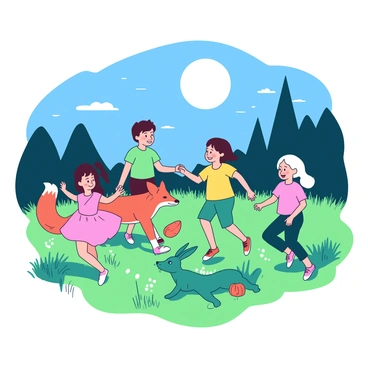 A group of children, dressed in colorful clothing, is dancing joyfully in a grassy meadow under a large moon illuminating the night sky. Some of the children are holding hands, while others twirl in delight. A variety of animals, including a bright orange fox and a playful teal rabbit, are joining the dance. The fox is leaping gracefully, while the rabbit hops energetically around the children. The meadow is filled with tall grass that sways gently in the night breeze, and soft shadows from the moon create a magical atmosphere around the scene.