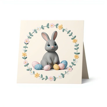 A vintage-style Easter card with a central image of a gray rabbit sitting upright, its ears perked up. The rabbit has bright blue eyes and is surrounded by colorful decorated Easter eggs in various patterns. The card features a delicate floral border composed of pastel-colored flowers, including daisies and tulips, intertwining with green leaves. The background of the card is a soft, light cream color, enhancing the vintage feel of the design.