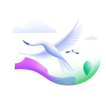 A modern pastel illustration depicting a bird in flight. The bird is illustrated with minimal lines, emphasizing its sleek form and graceful wings. Its feathers are suggested with soft, flowing strokes that convey a sense of motion. The background features subtle clouds, enhancing the feeling of movement as the bird soars through the sky.