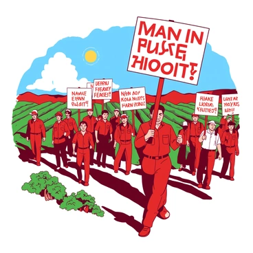 Cesar Chavez is standing at the forefront, holding a large "white" protest sign. He is surrounded by a diverse group of "red" farm workers, each carrying their own signs with messages advocating for workers' rights. The sun is shining brightly in the sky, casting warm light over the field, which is filled with rows of green crops. The workers are dressed in work clothes, showing determination and solidarity as they march together. In the background, there are distant hills under a clear blue sky, enhancing the sense of an expansive, open field.