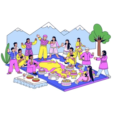 A colorful Kashmiri wedding ceremony taking place outdoors. Guests are dressed in traditional Kashmiri attire, including women in vibrant phiran dresses with intricate embroidery and men in decorative kurta pajamas. The setting is adorned with bright floral arrangements and traditional crafts. Some guests are participating in lively dances while others are seated on decorative carpets. There are beautifully designed tables filled with traditional foods and drinks. In the background, mountains and trees provide a scenic backdrop to the celebration.