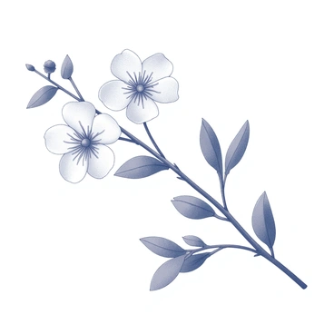 A branch adorned with delicate raspberry blossoms, each bloom showcasing intricate details of petals and stamen. The branch is slender and green, with leaves that frame the flowers elegantly. The entire composition captures the soft movement of the blossoms as they sway gently, suggesting a light spring breeze, while the background remains unobtrusive to emphasize the beauty of the branch and flowers.