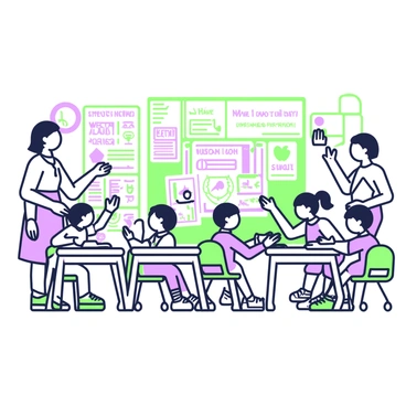 A classroom filled with children sitting at desks, engaging with the learning materials. On the walls, there are colorful, illustrated charts and diagrams that explain school policies in a fun and approachable manner. Each chart features clear headings and playful drawings that capture the children's attention. The children are of diverse backgrounds, with some raising their hands to ask questions, while others are discussing among themselves. A teacher stands at the front, smiling and encouraging participation. Sunlight streams through the windows, illuminating the vibrant learning environment.