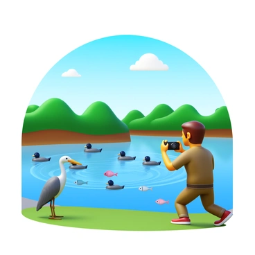 A photographer with a camera in hand is focusing on various animals in an estuary. The scene includes a heron standing on one leg near the water's edge. In the background, a group of ducks is swimming in the estuary, creating ripples in the water. Several colorful fish can be seen just below the surface. The sky above is clear with a few fluffy clouds. Lush greenery surrounds the estuary, providing habitat for wildlife. The photographer is dressed in khaki clothing and is crouched low to capture the perfect shot.