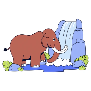 A large mammoth with long curved tusks stands next to a thundering waterfall. The mammoth has thick, shaggy brown fur and a slightly lowered head, reaching down to drink from the clear pool at the base of the waterfall. The waterfall cascades down with powerful force, creating white frothy splashes as it hits the rocks below. Surrounding the mammoth and waterfall are green ferns and large stones, adding to the natural setting.