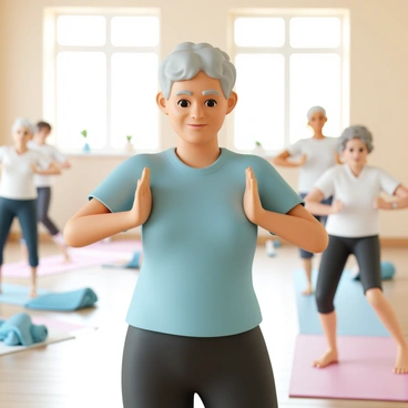 An elderly person with gray hair, wearing a light blue t-shirt and black yoga pants, is performing gentle shoulder rolls. The individual has a focused expression, demonstrating concentration on the movement. They are surrounded by other seniors in a spacious room, all participating in the fitness class. Soft mats are placed on the floor, and there are a few exercise props like water bottles and towels nearby. Sunlight streams in through large windows, adding a warm glow to the scene.
