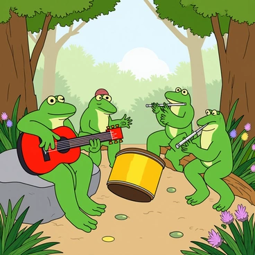 A group of five frogs with vibrant green skin is gathered in a sunlit forest clearing. One frog is sitting on a large rock, strumming a shiny red guitar, its fingers skillfully dancing along the strings. Nearby, another frog is energetically playing a bright yellow drum, creating rhythmic beats that echo through the trees. A third frog is perched on a small log, blowing into a silver flute, producing a melodic tune. Surrounding them, lush ferns, colorful wildflowers, and tall trees create a lively atmosphere, with sunlight filtering through the leaves. Each frog is wearing a small, playful accessory, like a tiny hat or a scarf, adding to their whimsical appearance. The scene captures a joyful moment filled with music and friendship.