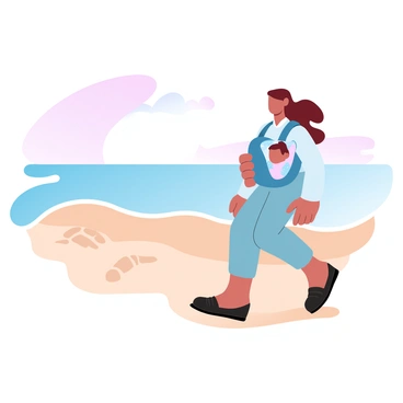 A parent is leisurely walking along the beach with a baby secured in a sling. The parent is wearing comfortable clothing suitable for warm weather, with the sun casting a gentle light across the sandy shore. Waves are softly lapping at the beach, creating a peaceful atmosphere. The child is nestled snugly in the sling, surrounded by a colorful blanket. In the background, there are footprints in the sand leading toward the horizon, where the sky displays a gradient of pastel colors transitioning from pink to soft blue.