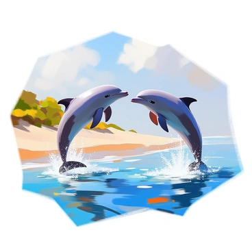 A pair of dolphins with smooth, gray skin are leaping playfully above the vibrant blue water. They arch gracefully in mid-air, droplets of water sparkling around them as they catch the sunlight. In the background, a sandy beach stretches along the shore, dotted with patches of green vegetation. The gentle waves create a rhythmic pattern as they lap against the beach, enhancing the lively scene of the dolphins in motion.