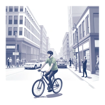 A person riding a bicycle in a busy city street. The cyclist is focused on navigating through the crowd, wearing a helmet and casual attire. Surrounding them, there are tall buildings with large windows and various storefronts displaying merchandise. Pedestrians walk along the sidewalks, some stopping to chat or look at their phones. Traffic can be seen with cars and buses moving along the road, creating a sense of liveliness. Streetlights and traffic signals are present, adding to the urban environment. The scene captures the dynamic energy of city life.