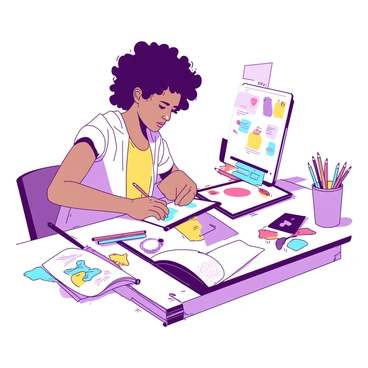 An artist with curly hair is sitting at a white desk, focused on their work. The artist is using a digital tablet to design a new logo for an illustration agency. Various colorful sketches and drafts are scattered across the desk, featuring vibrant shapes and patterns. The artist is surrounded by colored markers and pencils, with a few open sketchbooks showcasing their creative process. The workspace is bright and organized, displaying a sense of inspiration and creativity.