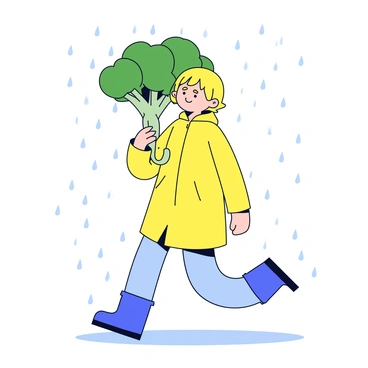 A person with short hair is walking in the rain. They are wearing a yellow raincoat and bright blue rain boots. In their hand, they are holding a large broccoli stalk, which is being used as an umbrella. The broccoli has a vibrant green color and a sturdy stem. Rain is visibly falling around them, creating small puddles on the ground. The scene captures the unusual choice of umbrella against the backdrop of a gloomy, rainy day.