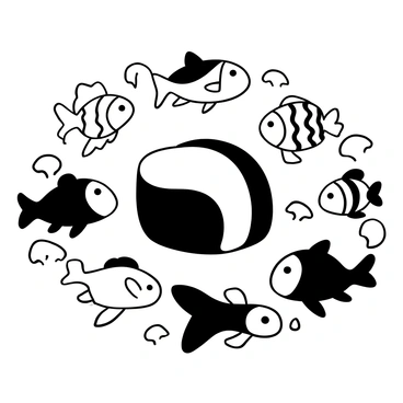 A sushi roll with a curved shape placed at the center, surrounded by various fish characters of different sizes and shapes. The fish are swimming in a circular formation around the sushi roll. Each fish has exaggerated features, showcasing unique patterns and fins. Some fish are leaping playfully, while others are bobbing gently in the water. The background is filled with soft, flowing waves. The overall composition conveys a sense of togetherness and celebration.