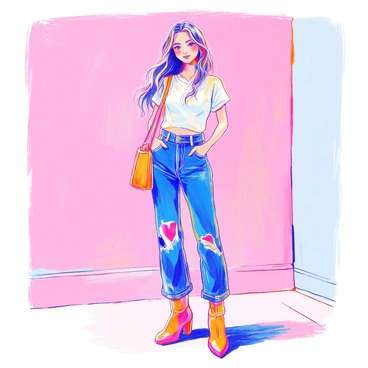 A girl with long straight hair is standing confidently against a minimalist background. She is wearing a simple, chic outfit that consists of a fitted white t-shirt and high-waisted denim jeans. Her feet are adorned with stylish ankle boots. She has a small, elegant handbag slung over one shoulder. The background features a plain color with subtle gradients, enhancing the simplicity of the scene.