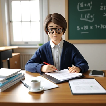 A teacher with short brown hair, wearing glasses and a blue cardigan, is sitting at a wooden desk. The desk is cluttered with various papers, a laptop, and a steaming cup of coffee. The teacher is focused on grading a stack of test papers, holding a red pen poised over the top paper. Sunlight streams in through a nearby window, highlighting the teacher's concentration and the chaos of the workspace. The background features a chalkboard with mathematical equations, giving context to the academic setting.