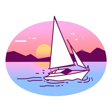A small sailboat with a white sail is gliding across gentle waters, the surface reflecting the vibrant colors of the sky. In the background, a stunning sunset casts an orange hue over the horizon, blending with shades of pink. The sun is low in the sky, partially hidden behind distant silhouettes of mountains. The sailboat's wake creates small ripples in the water, enhancing the tranquil atmosphere of the scene.