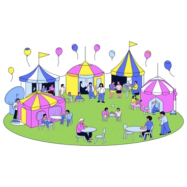 A lively outdoor festival with colorful tents, balloons, and people enjoying various activities.