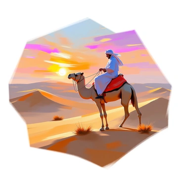 A camel with a light brown coat trudges across the sweeping golden dunes of a vast desert. The rider, wearing traditional flowing robes in shades of deep blue and beige, sits comfortably on the camel's back, holding onto the reins. The sky is painted in vibrant hues of orange, pink, and purple as the sun sets on the horizon, casting long shadows across the rippling sand. The distant dunes rise and fall, creating a sense of endlessness. A few scattered tufts of dry grass are visible among the dunes, adding to the rugged beauty of the landscape. The atmosphere is tranquil, with the soft outlines of the dunes blending into the colorful sky.