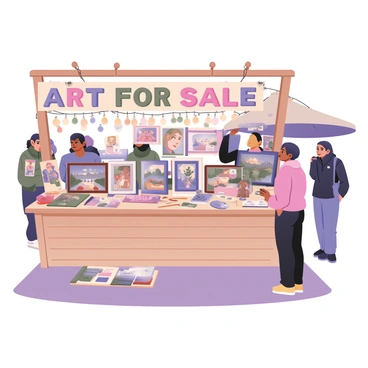 A digital flat illustration depicting an artist's stall at a vibrant local art market. The stall is constructed with wooden panels, featuring a colorful banner that reads "Art for Sale" in bold letters. On the table, various illustrations are displayed, showcasing a range of styles including portraits, landscapes, and abstract pieces. Each illustration is neatly framed and accompanied by small pricing signs in front of them. There are paintbrushes, color palettes, and sketchbooks scattered around the stall, adding to the creative atmosphere. The background features a lively market scene with people browsing and interacting, with decorative string lights overhead.