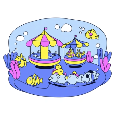 A colorful underwater carnival scene. There are bright, whimsical rides such as a spinning teacup ride and a carousel featuring sea creatures instead of traditional horses. Surrounding the rides, various fish of different shapes and sizes swim around, acting as spectators. The background is filled with coral reefs and bubbles, creating a lively atmosphere. The colors are vivid, showcasing neon blues, pinks, and yellows throughout the carnival.