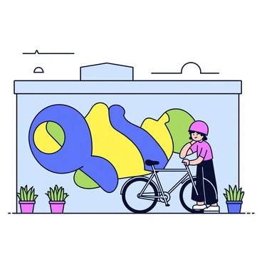 A cyclist wearing a bright red helmet is pausing next to a large city wall. The wall is covered in colorful street art, featuring bold, abstract shapes and intricate designs in shades of blue, yellow, and green. The cyclist is standing beside a sleek black bicycle with a silver frame and thin tires. A few plants in small pots are placed at the base of the wall, adding a touch of greenery to the urban scene. The sky above is clear and sunny.