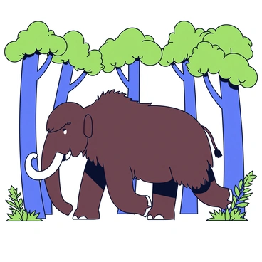 A mammoth with long, curved tusks is wandering through a dense forest. The mammoth has a thick, shaggy coat of dark brown fur. Surrounding the mammoth are towering trees with broad trunks and lush green foliage. The leaves create a canopy overhead, filtering the sunlight. The ground is covered with ferns and small shrubs, adding to the dense appearance of the forest.