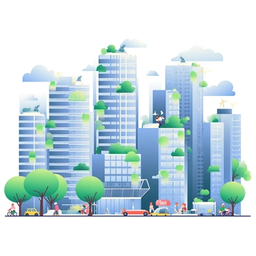 A futuristic cityscape is depicted with numerous tall buildings, each covered in shiny solar panels reflecting sunlight. The buildings have sleek, modern designs with large glass windows and greenery integrated into their architecture, such as vertical gardens. Wind turbines are positioned atop some structures, generating clean energy. On the ground, electric vehicles and bicycles are parked along wide, tree-lined streets. People are walking and biking, enjoying the vibrant, eco-friendly environment. In the background, a clear blue sky enhances the bright atmosphere of this sustainable city.