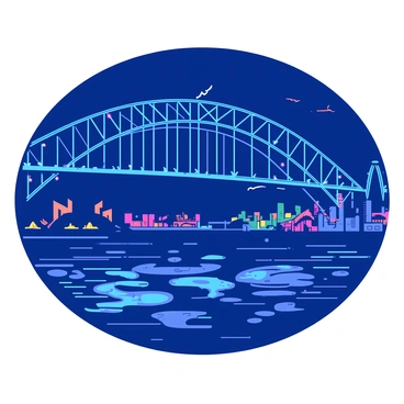 A blue Sydney Harbour Bridge stands majestically against the night sky. The bridge is adorned with vibrant lights in various patterns, creating a dazzling spectacle. Reflections of the colorful lights shimmer on the dark waters below, enhancing the visual impact of the scene. In the background, the silhouettes of the Sydney skyline are visible, providing a stunning contrast to the illuminated bridge. The atmosphere is filled with excitement as the light show continues to unfold.