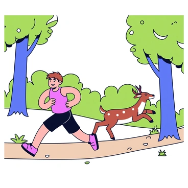 A jogger wearing a bright red tank top and black shorts is running along a narrow dirt path in a wooded area. The jogger has short brown hair and a focused expression on their face. Suddenly, a deer with a light brown coat and white spots is leaping across the path in front of them. Surrounding the path are tall green trees with leafy branches and patches of sunlight filtering through the foliage. The ground is covered with fallen leaves and small rocks. The scene captures the moment of surprise as the jogger slows down, looking at the deer.