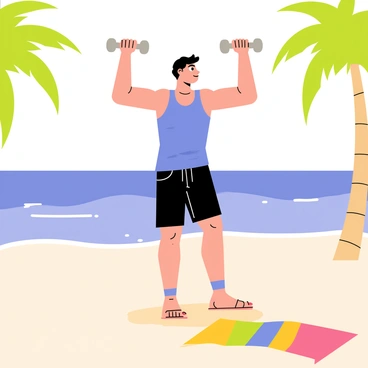 A person wearing a bright blue tank top and black shorts is performing shoulder presses on a sandy beach. The individual has a focused expression, lifting a pair of silver dumbbells above their head. The ocean is visible in the background, with gentle waves lapping at the shore under a clear blue sky. Palm trees sway slightly in the warm breeze on one side, and a colorful beach towel is laid out on the sand nearby, completing the beach workout scene.