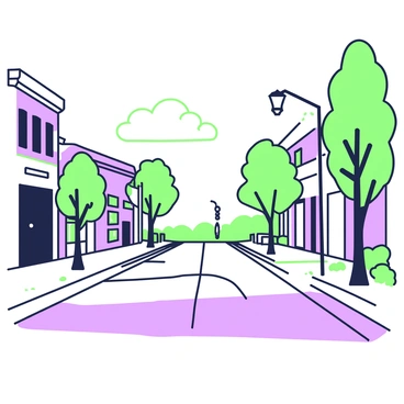 An empty street in Gilead stretches out beneath a cloudy sky. The pavement is cracked and uneven, lined by old buildings with faded signs. A few sparse trees stand along the street, their leaves rustling gently in the soft wind. Shadows are cast from the buildings onto the pavement, creating a pattern of light and dark. In the distance, a single lamppost flickers, casting a dim glow over the deserted street. The atmosphere is quiet, with only the sound of the wind breaking the stillness.