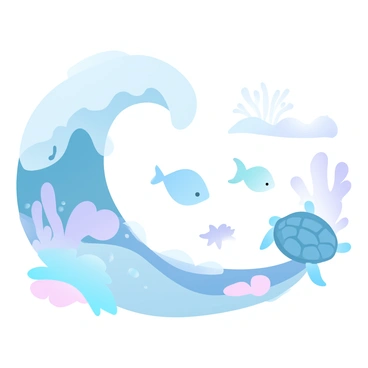 An ocean wave is curling gently around a belly button, which is the focal point of the image. The wave is depicted in shades of blue and green, cascading softly. Nearby, various sea creatures, including a colorful fish and a graceful sea turtle, are swimming. The water is clear, revealing the sandy ocean floor below. There are hints of coral and other marine life in the background, adding to the underwater scene.