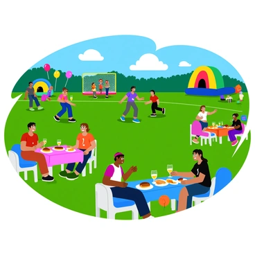 A vibrant community event takes place in a sunny park filled with families engaging in various activities. Children are energetically playing football on a green grassy field, some wearing colorful jerseys while others are in casual clothes. Nearby, families are gathered around picnic tables, sharing plates filled with food like burgers, hot dogs, and fresh fruit. Balloons in bright colors are tied to the tables, adding to the festive atmosphere. In the background, a bounce house sits, occupied by laughing kids jumping and having fun. The scene is lively, with people smiling and chatting, capturing the essence of a joyful community gathering.