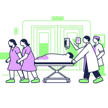 A team of medical professionals is hurrying down a hospital corridor. There are three doctors and two nurses, all wearing scrubs and surgical masks. One doctor at the front is pushing a stretcher that carries a patient, who is unconscious and covered with a white blanket. Another doctor is checking the patient's vital signs with a monitor while a nurse is holding an IV bag above the stretcher. The corridor is lined with bright lights, and medical equipment is visible along the walls. Two sets of double doors are ahead, indicating the entrance to the operating room.