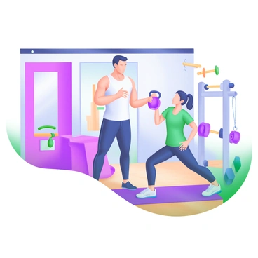 A personal trainer demonstrating the kettlebell deadlift technique to a client in a bright, modern gym. The trainer is a fit individual with a confident posture, holding a kettlebell with one hand while providing guidance. The client, who appears focused and engaged, is in the process of lifting another kettlebell from the ground, mimicking the trainer's stance. The gym is equipped with various fitness equipment in the background, including dumbbells and resistance bands. The walls are painted in soft pastel colors, creating a motivating atmosphere. The floor is a polished wooden surface, contributing to the clean and organized space.