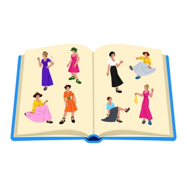 An open sketchbook displaying several sketches of "Gibson girls" in different fashionable poses. Each sketch showcases the distinctive hairstyles and clothing styles of the era, including elegantly flowing dresses and large hats. The poses vary, with some girls standing, others sitting, and a few in playful stances. The sketches are done in clean, precise lines, capturing the essence of the Gibson girl aesthetic, with an emphasis on femininity and grace. The pages of the sketchbook are slightly worn, adding a touch of authenticity.