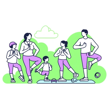 A family is engaged in a workout session in their backyard. The scene features two adults and two children, all in activewear. The adults are both performing lunges, with one adult demonstrating proper form, while the other encourages the children. The children, a boy and a girl, are mimicking the lunges enthusiastically. The backyard is spacious, with green grass and a few trees in the background. Nearby, a colorful exercise mat is placed on the ground, and a skipping rope lies next to it. The sun casts soft shadows on the grass, indicating a bright, clear day.