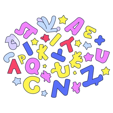 A collection of colorful letters and words is arranged in a lively manner. The letters are in various shades of red, blue, yellow, and green. Each letter appears to be in motion, some spinning and others jumping, creating a sense of joy. The background is filled with abstract shapes in complementary colors, enhancing the vibrant atmosphere.