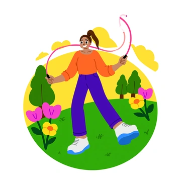A woman in athletic wear is practicing jump rope in an early morning park. The sun is rising, casting a warm golden light over the scene. She has long hair tied back in a ponytail, and her expression shows focus and determination. Surrounding her are various blooming flowers in vibrant colors, such as pink, yellow, and purple, creating a lively atmosphere. The grass beneath her feet is lush and green, and a few trees are visible in the background, adding to the park setting.
