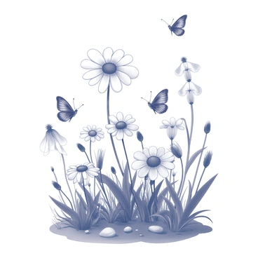A small garden filled with various flowers in full bloom. The flowers feature a variety of shapes and sizes, reaching towards the sky with their delicate petals. Butterflies are seen fluttering gracefully among the blooms, displaying an array of intricate patterns on their wings. The ground is covered with lush green grass, and there are hints of small stones and twigs scattered throughout the garden. The overall scene captures the vibrant life and movement of nature in a harmonious setting.