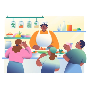 A chef with dark hair and a white apron is standing at a kitchen counter, demonstrating how to cook a traditional dish. The bright kitchen is filled with various utensils and ingredients neatly arranged on the counter. In front of the chef, a diverse group of individuals, including a woman with curly hair and a man with glasses, are attentively watching and taking notes. The walls of the kitchen are painted in a warm yellow hue, and there are hanging herbs in jars above the counter. A colorful array of vegetables, bowls, and spices are visible on the counter, highlighting the vibrant atmosphere of the cooking class.
