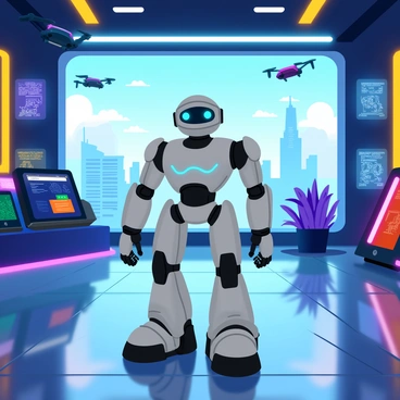 A shiny silver robot with intricate mechanical joints and glowing blue eyes is positioned at the center of the image. The robot features a sleek design with illuminated circuits running along its arms and legs. Surrounding the robot is a high-tech environment filled with various gadgets and digital screens displaying complex data. There are hovering drones and neon lights illuminating the space, with a futuristic cityscape visible through a large window in the background. The floor is made of reflective metal, enhancing the advanced atmosphere of the scene.