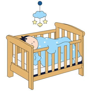 A newborn baby with soft, delicate skin is swaddled snugly in a light blue blanket, featuring small white stars. The baby has a tiny tuft of dark hair peeking out from the top of the blanket. The crib is made of polished wood with slats and a comfortable white mattress. The baby has their eyes closed, with a serene expression on their face. A pastel-colored mobile with shapes of clouds and stars hangs above the crib, gently swaying in the air. The surrounding room has soft, warm lighting, creating a cozy, inviting atmosphere.