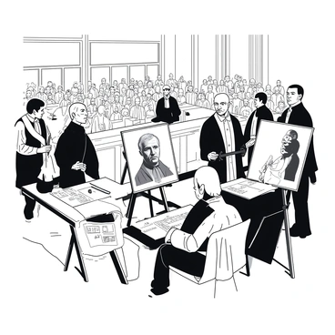 In a courtroom filled with spectators, several artists are focused on sketching the proceedings of "Marbury v. Madison." Each artist is sitting at their own easel, working intently with charcoal on white paper. The first artist captures the serious expressions of the judges, depicted in traditional robes, while the second artist is sketching William Marbury, who is standing with a determined look on his face. Around them, other attendees in period-appropriate clothing observe the dramatic scene. The atmosphere is tense and focused as the artists translate the historic moment into their drawings.