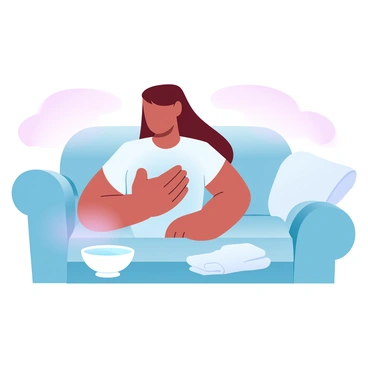 A person is sitting on a comfortable couch while applying a warm compress to their chest. The compress is wrapped in a soft, light-colored cloth. The person's body language reflects a sense of relief as they gently press the compress against their chest. Next to them is a small bowl filled with warm water, and a few clean cloths are neatly arranged nearby. Soft pastel gradient colors fill the background, enhancing the calm and soothing atmosphere of the scene.