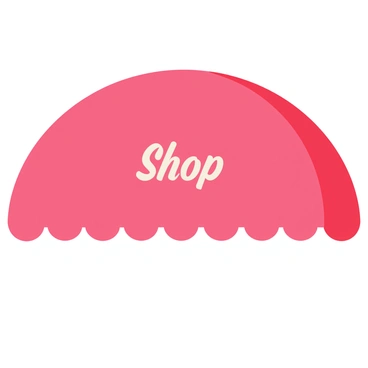 A storefront awning in a bright red color extends over the entrance of a shop. The awning has a curved shape, creating a welcoming effect. The shop name, displayed prominently in the center, is written in an elegant italic font, showcasing a bold white color that contrasts with the red background. The bottom edge of the awning features a decorative fringe detail, adding a touch of charm to the overall appearance.