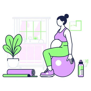 A pregnant woman is engaged in a workout routine at home, utilizing an exercise ball. She is in a living room with soft lighting and a cozy atmosphere. The woman has medium-length hair tied up in a ponytail and is wearing comfortable workout clothes. She is seated on the exercise ball, with her hands resting on her knees, and is looking ahead with a focused expression. Nearby, a yoga mat is laid out on the floor, and a water bottle is placed beside it. A potted plant is visible in the corner of the room, adding a touch of greenery to the scene.