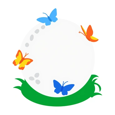 A white golf ball with a smooth, glossy surface. The ball is adorned with multiple colorful butterflies resting on it. Each butterfly displays vibrant patterns of blue, orange, yellow, and red. The butterflies are positioned in various directions, their wings slightly spread, showing off their intricate designs. The golf ball is placed on a green grassy surface, with a few blades of grass gently swaying around it.